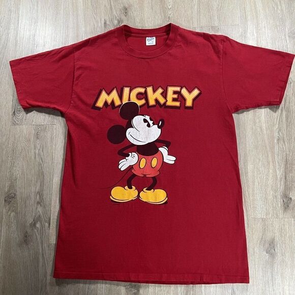 Vintage VelvaSheen Disney Mickey Mouse T-Shirt Men’s Size Large Red Made In USA - Picture 4 of 8